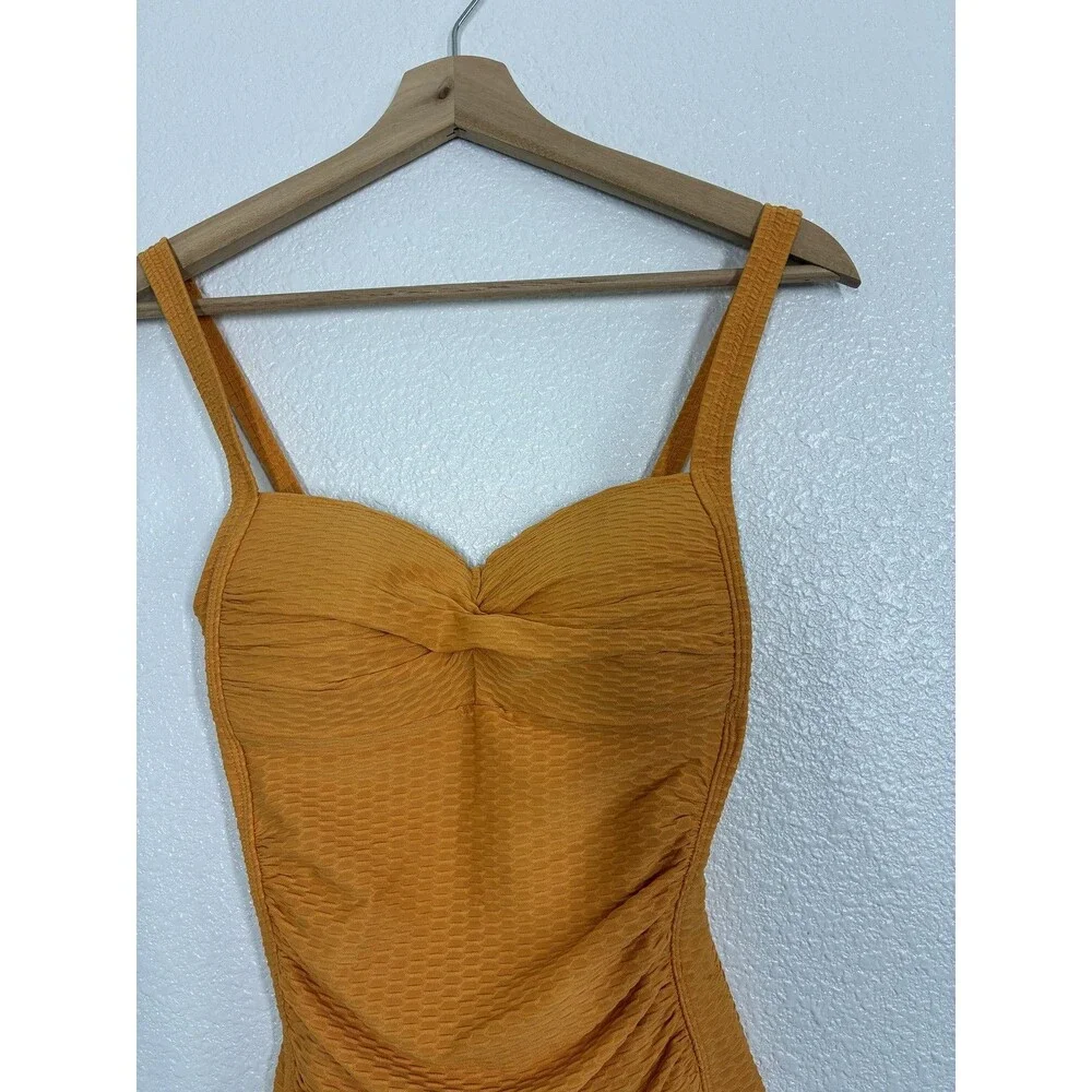 Nip Tuck Swim One Piece Swimsuit Womens 4 Orange Textured Ruched Tank Padded